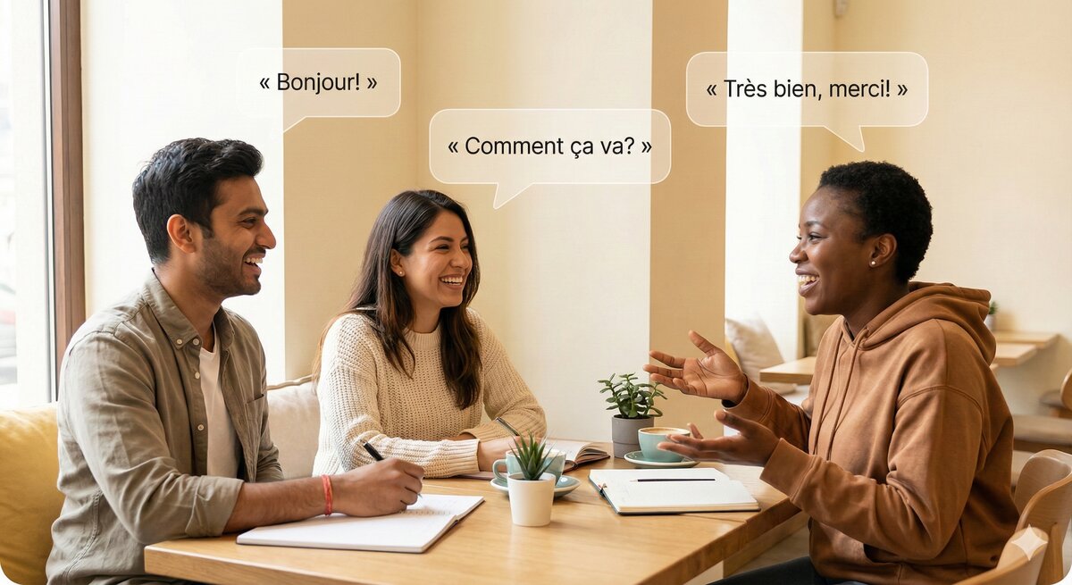 Three diverse professionals practicing French conversation in small group setting