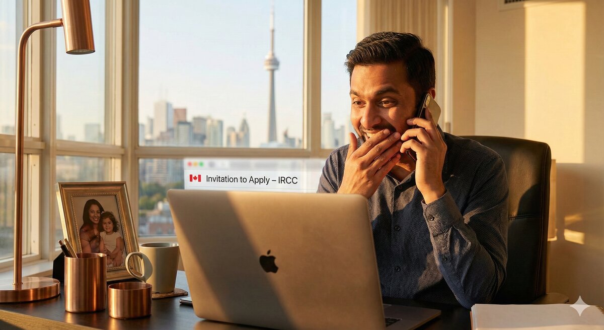 Professional celebrating receiving Invitation to Apply from IRCC for Express Entry permanent residence