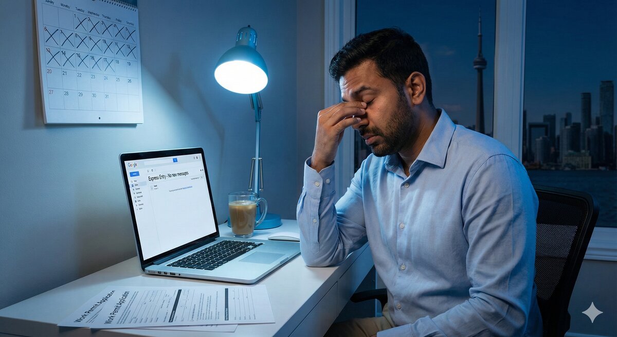 Professional anxiously checking email waiting for Express Entry invitation